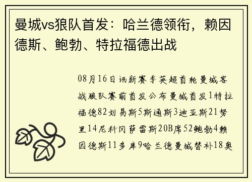 曼城vs狼队首发：哈兰德领衔，赖因德斯、鲍勃、特拉福德出战